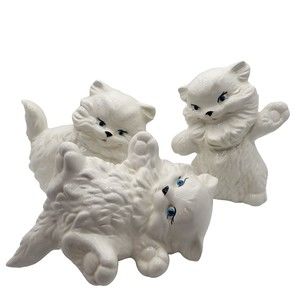 Vintage Ceramic Persian Cats Blue Eyes White Long Hair Set Of 3